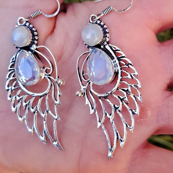 New Opal Opalite & Rainbow Moonstone 925 Silver Wings Earrings. - Picture 10 of 16